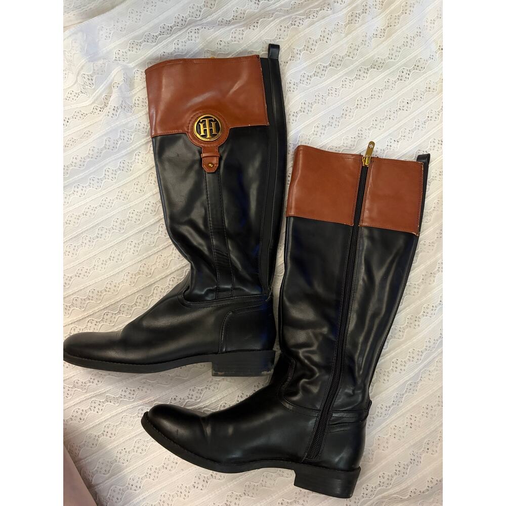 Tommy Hilfiger Riding Boots Black Brown Knee High Boots Women's 7.5 Logo - Picture 4 of 9